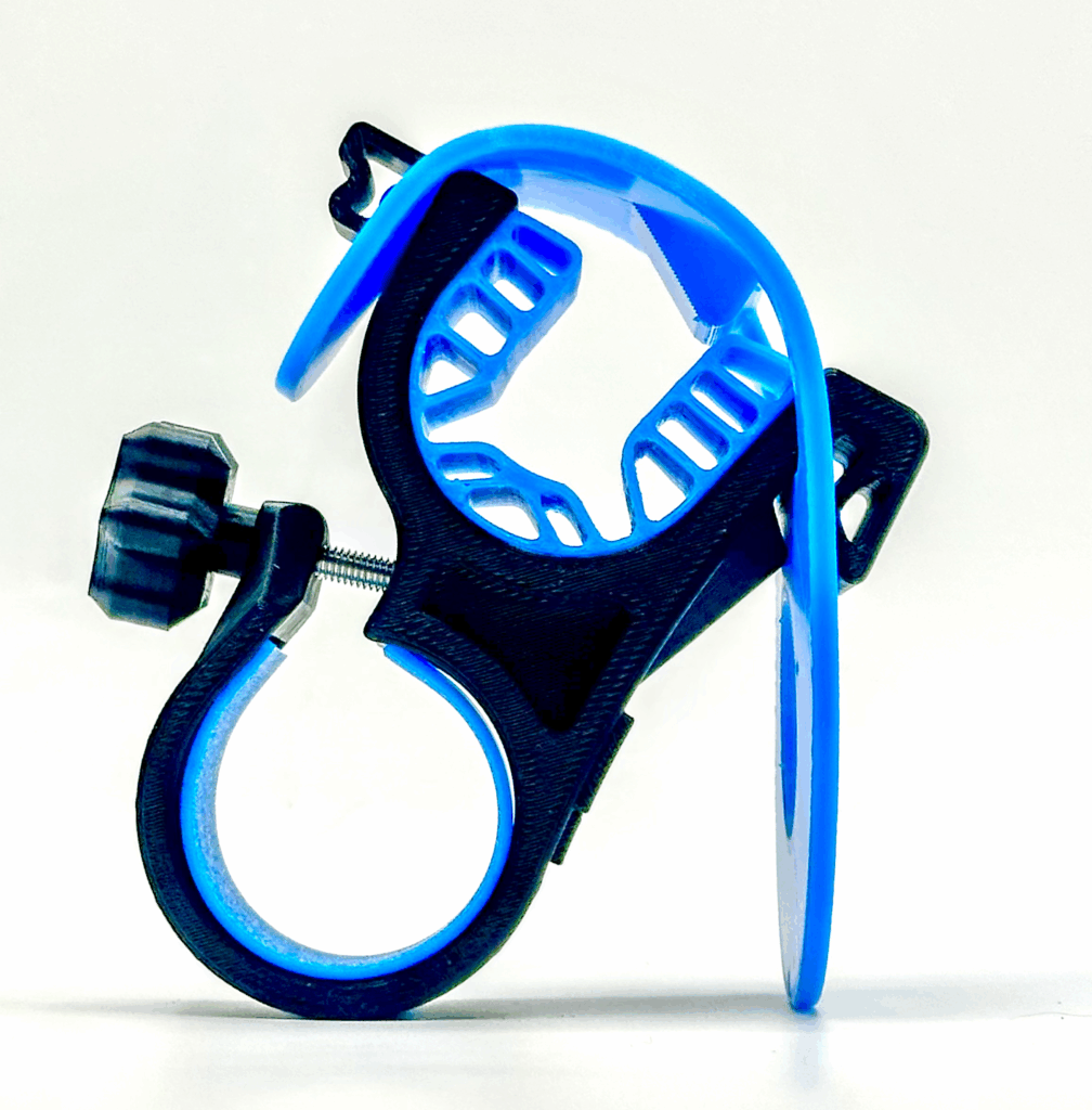 Blue and black bicycle water bottle holder.