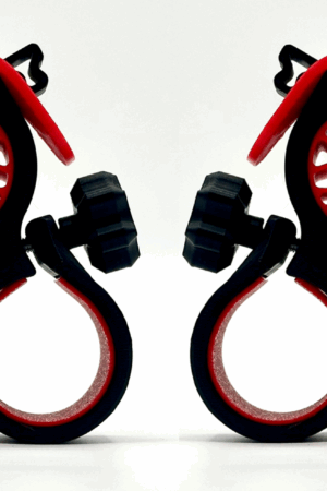 Red and black abstract shapes resembling DNA strands mirrored on a white background.